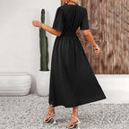 Women Ruffle Solid Pleated Long Dress Chic V Neck Short Sleeved