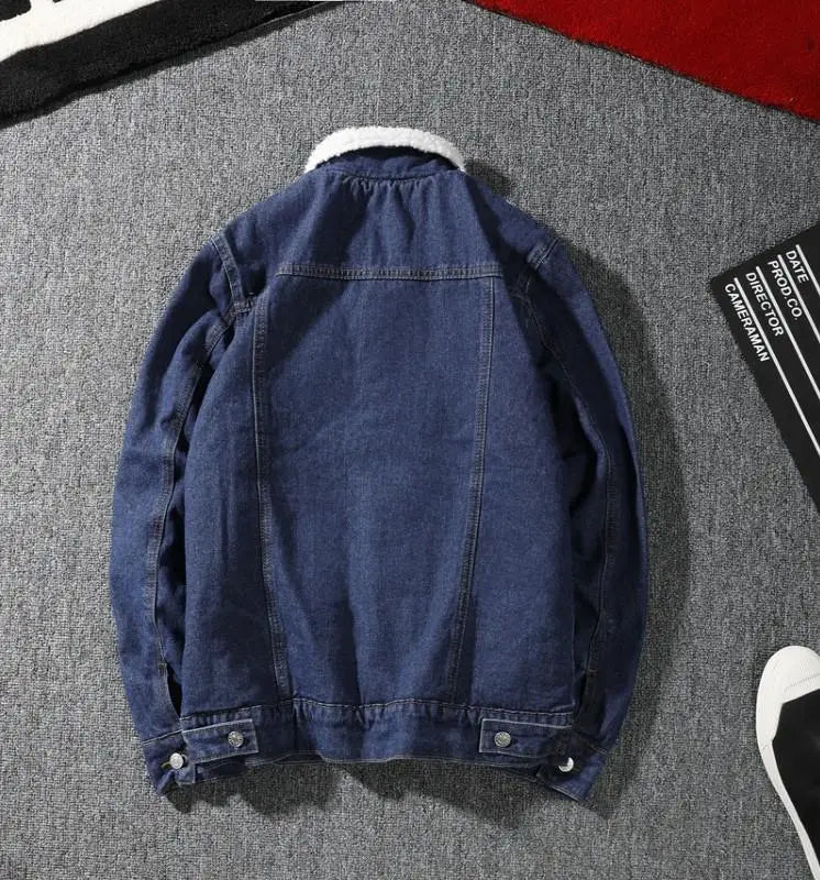 Men's Denim Jacket Autumn Winter Thickened Fleece Collar Cotton Jacket Loose Fit Warm Korean Style Lamb Velvet Lined Coat