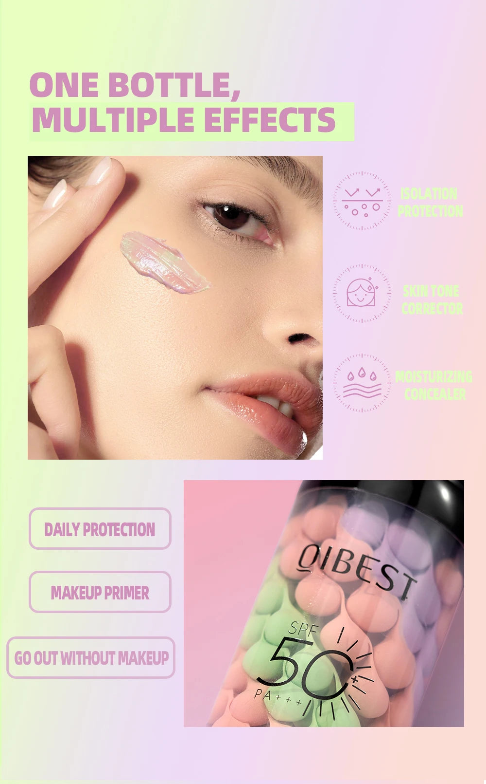 QIBEST Face Makeup Primer Tri-color Cream Brighten Contour Color Isolation Waterproof Foundation Natural Makeup Base Cream