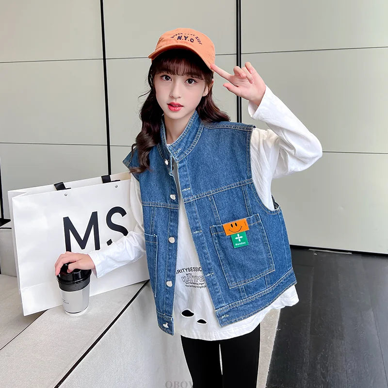 New Fashion Kids Girl Denim Vest Wasitcoat with Smile Face Outerwear Vintage Blue Children Casual Sleeveless Denim Jacket Outfit