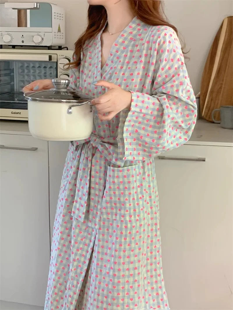 Women's Robe Bathrobe Bathing Love Plaid Loose Long Sleeve Long Kimono Pajamas V-neck Lace Up Trousers Nightgow Sexy Ladies Girl
