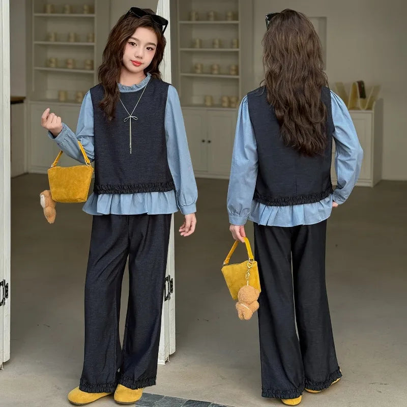 Back To School Clothing for Girls Outfits Set Toddler Kids Vest +Blue Shirt + Pants 3pcs Teens Kids Costumes Spring Autumn 2025