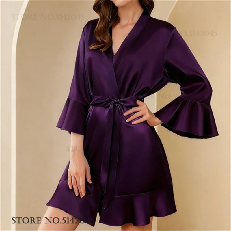 Robe de chambre femme satinée – Kimono à col V