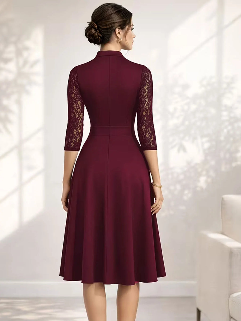 Women Sexy V-Neck Lace 2/3 Sleeve Summer Work Office Knee Length Base Show Thin Temperament Fit And Flare Swing A-Line Dress