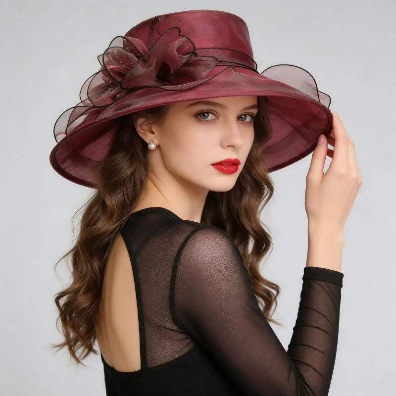  French Vintage Women Foldable Organza Church Derby Hat Ruffles Wide Brim Uv Protection Sun Hat  Ladies Outdoor Styling