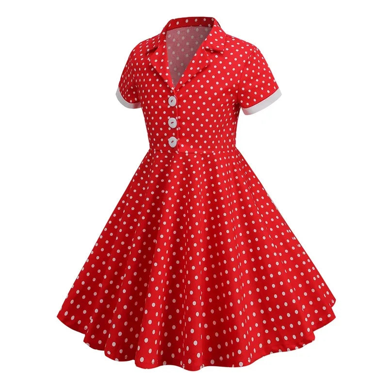Vintage Dot Dress for Kids Girl Cosplay Party Princess Summer Prom Dress School Performance Clothing Full Pringting Children Dre