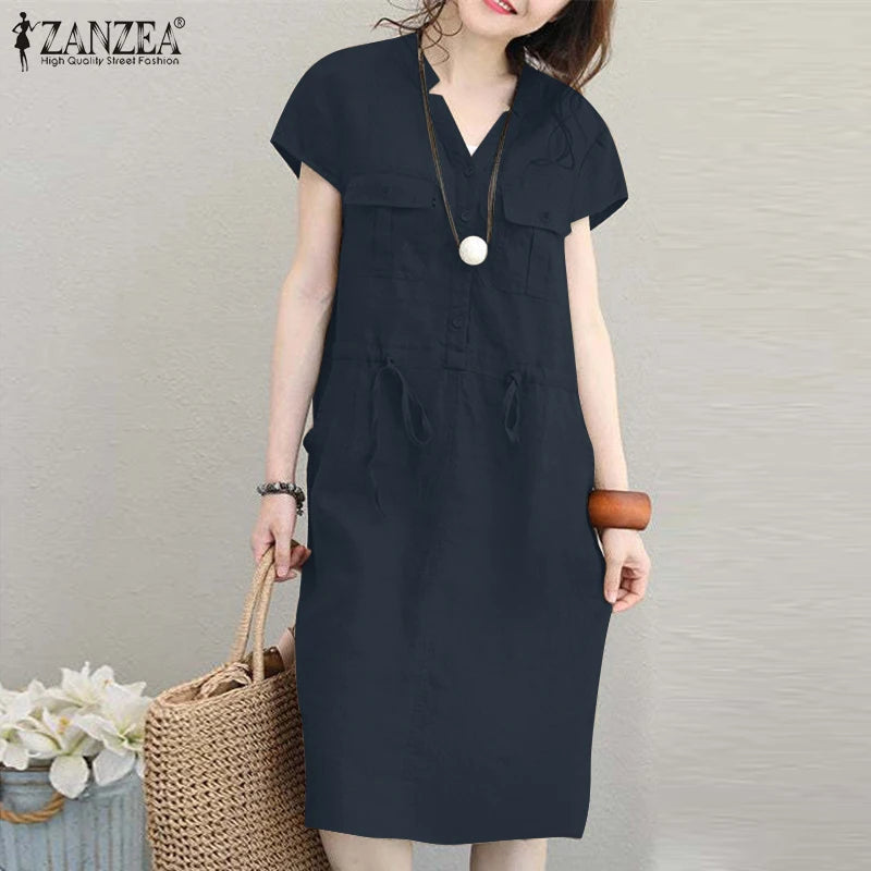 Summer Fashion Short Sleeve Dress ZANZEA Women Casual Drawstring Waist Vestidos Knee-length Robe Femme Elegant OL Work Sundress