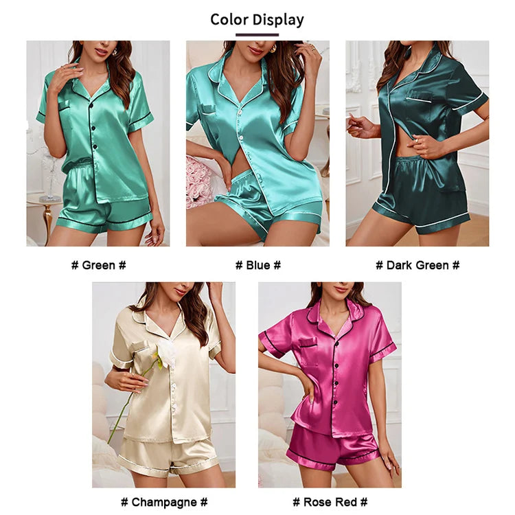 Elegant Satin Solid Pajamas Set Short Sleeve Lapel Buttons Top And Shorts Breathable Fabric Skin-Friendly Fit Women's Sleepwear