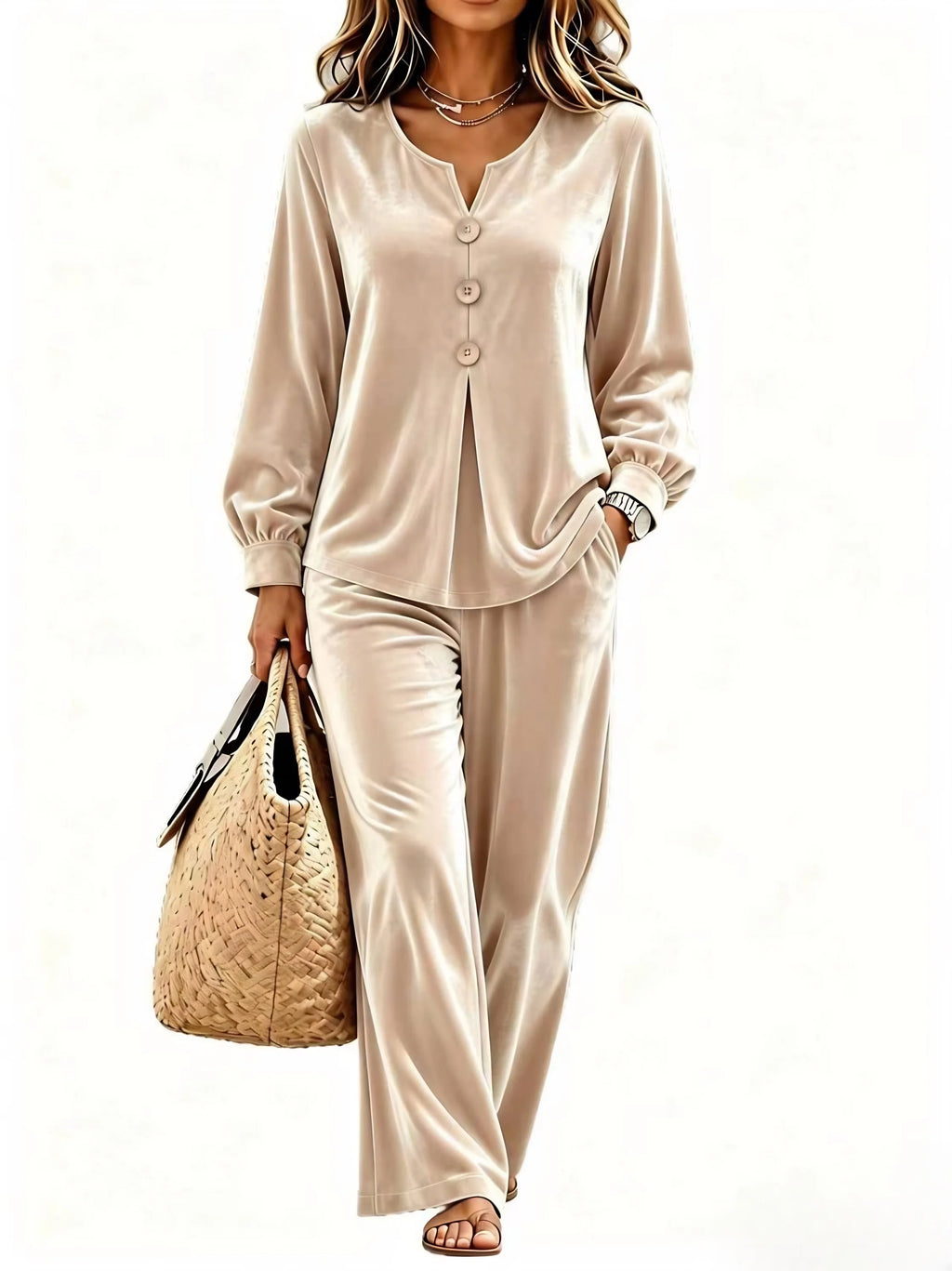 Women 2 Piece Outfit V Neck Button Decor Long Lantern Sleeve Top Wide Leg Pants Casual Fall Winter Matching Set With Pockets