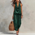 Women 2 Piece Outfit Pleated Collar Sleeveless Vest & Casual Pants Set Elegant High End Commuter Matching Suit European Style