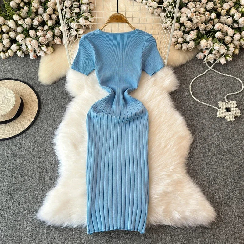 Elegant Knitted Long Dress Women Summer V Neck Single Breatsed Short Sleelve Bodycon Dresses Fashion Party Office Lady Vestidos