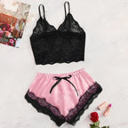 2025 Summer 2 Pcs Women's New Sexy Lace See-Through Pajamas Black