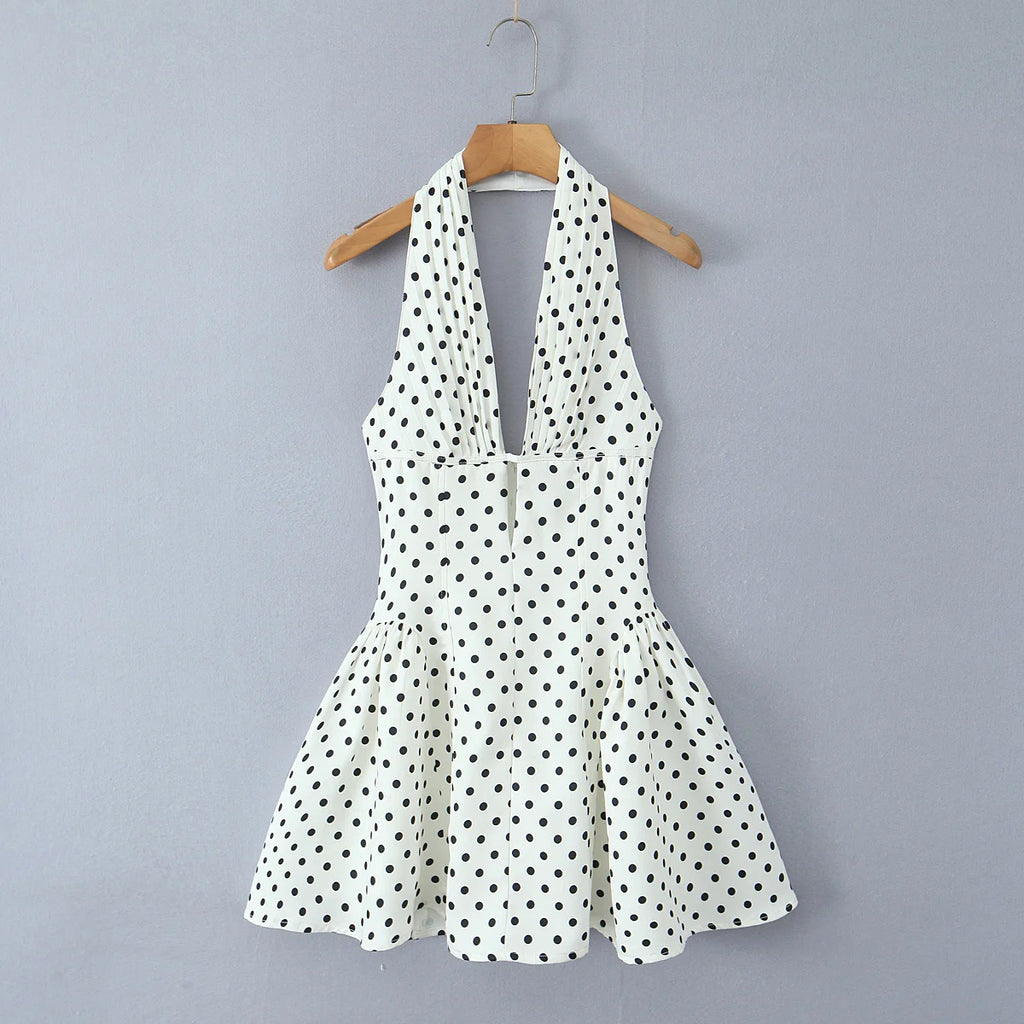 YENKYE French Style Retro Polka Dot Deep V Halter Dress Women Sexy Backless A-line Slim Sweet Elegant Mini Dresses Summer Robe