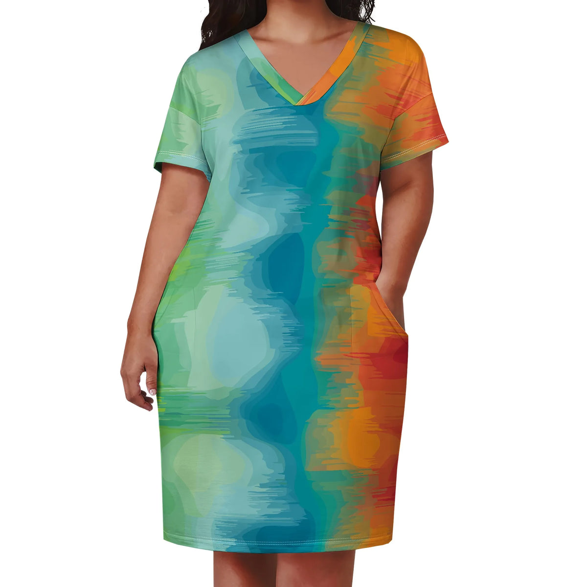 Plus Size Women Casual T-Shirt Dress V Neck Short Sleeve with Front Two Pockets Solid Color Oversize Dresses