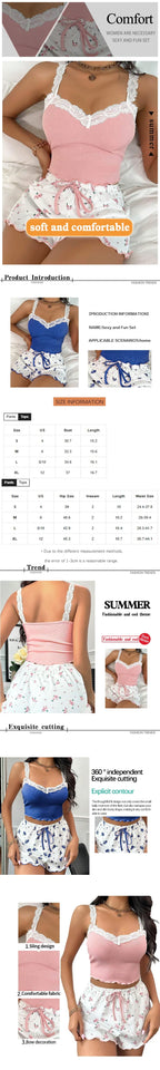 Women's Two-Piece Summer Ribbed Knitted Flower Print Lace Trimmed