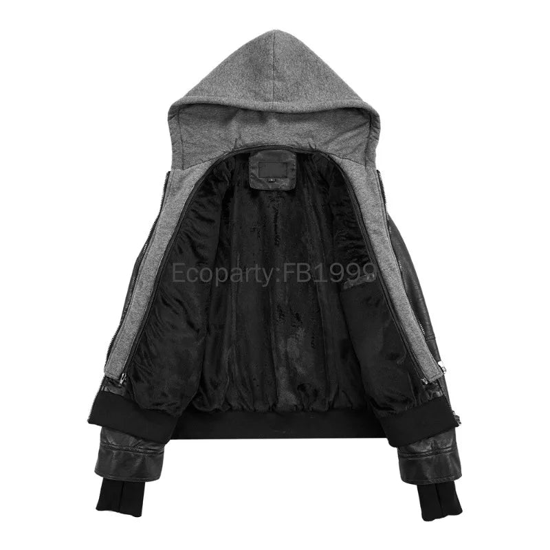 Veste Moto Femme Cuir PU – Capuche Amovible Slim Noir Streetwear