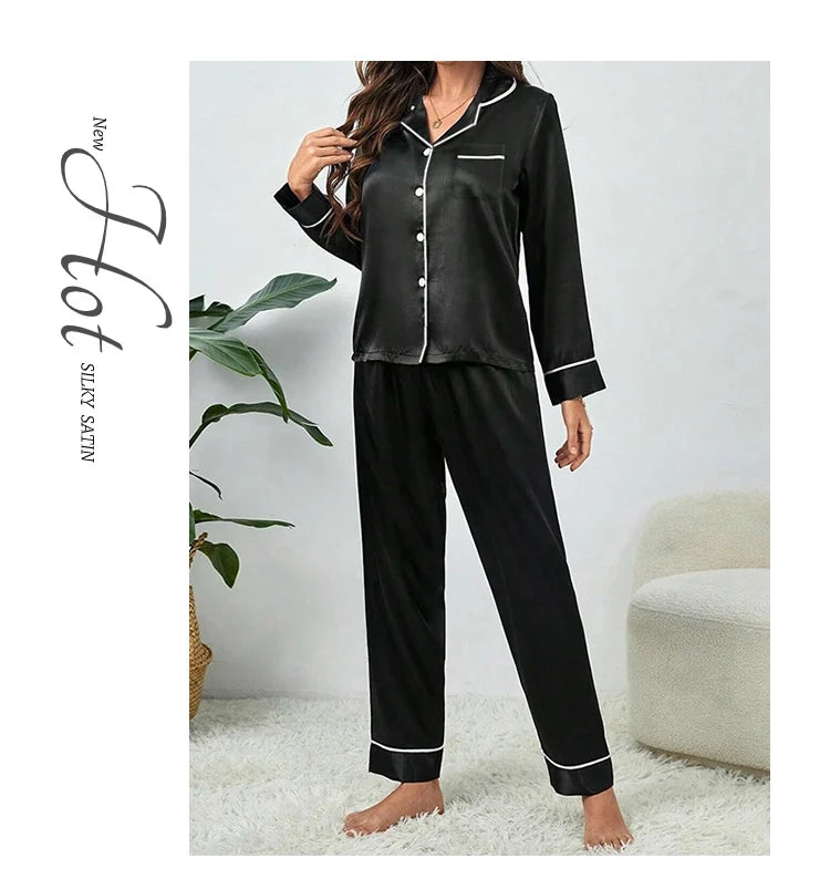 Plus Size Autumn and Winter Silk Pajamas Women Tops and Pants Solid Casual Soft Nightwear Buttons Cardigan Sleepwear Homewear