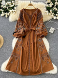 European Retro Ethnic Style Dress for Women in Spring and Autumn, Embroidered Lace Up Lantern Sleeves, Waist Cinching Long Skirt