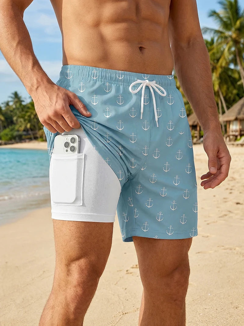 3D Print 2 in 1 Mens Swim Trunks Summer Quick Dry Beach Shorts with Phone Pocket Swimwear Swimsuit Bathing Suit  Board Shorts
