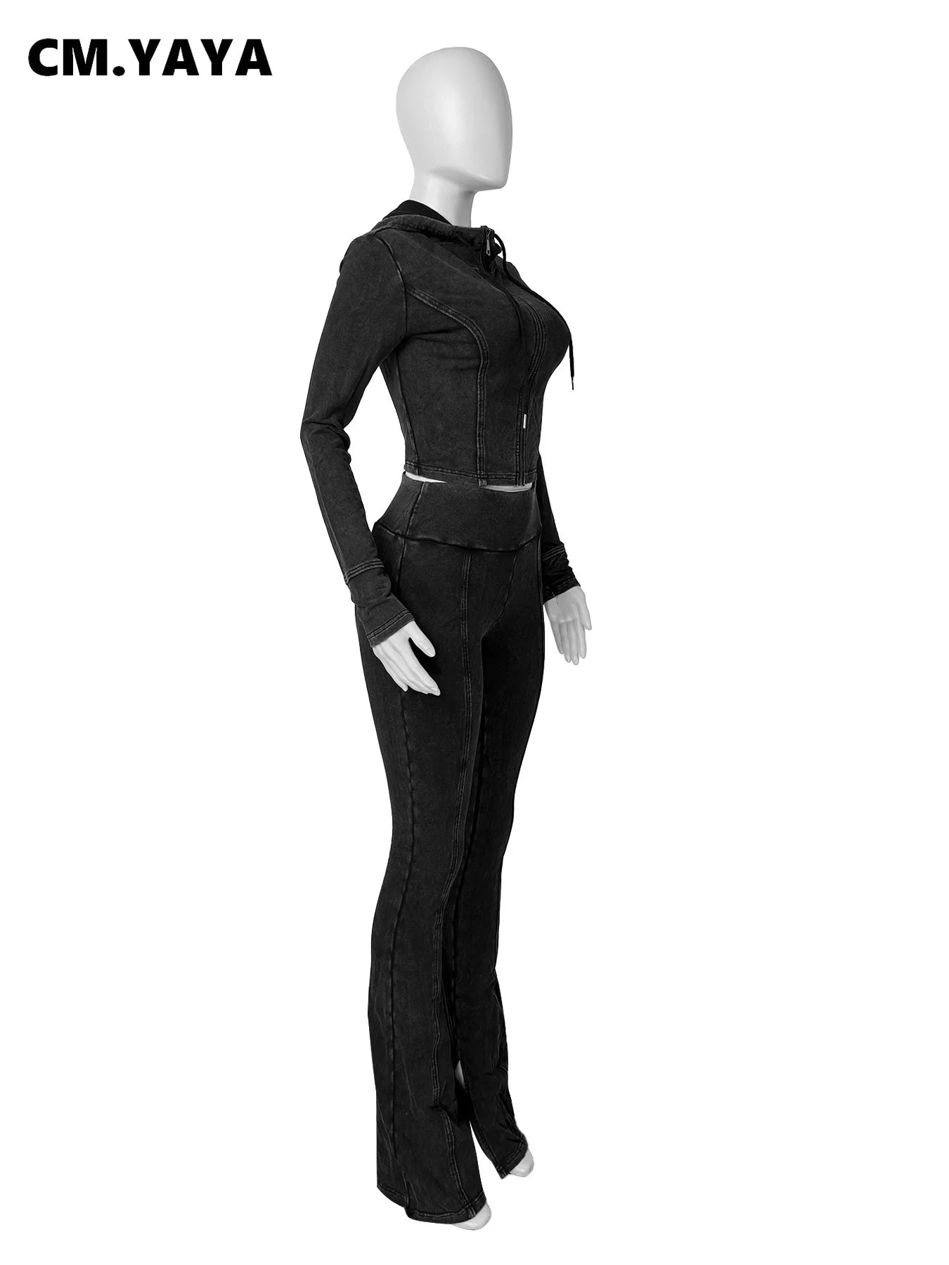 Ensemble 2 Pièces Femme – Veste À Capuche + Pantalon Évasé Taille Haute Sport