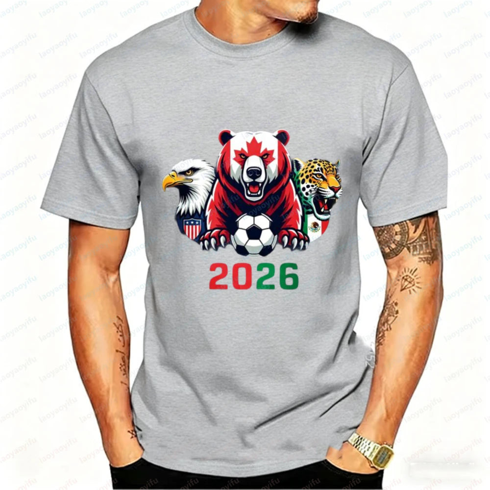 2026 North America Soccer T-Shirt for Men Women Bear Eagle Jaguar Mascot Graphic Tee Short Sleeve Cotton Tops for Football Fans