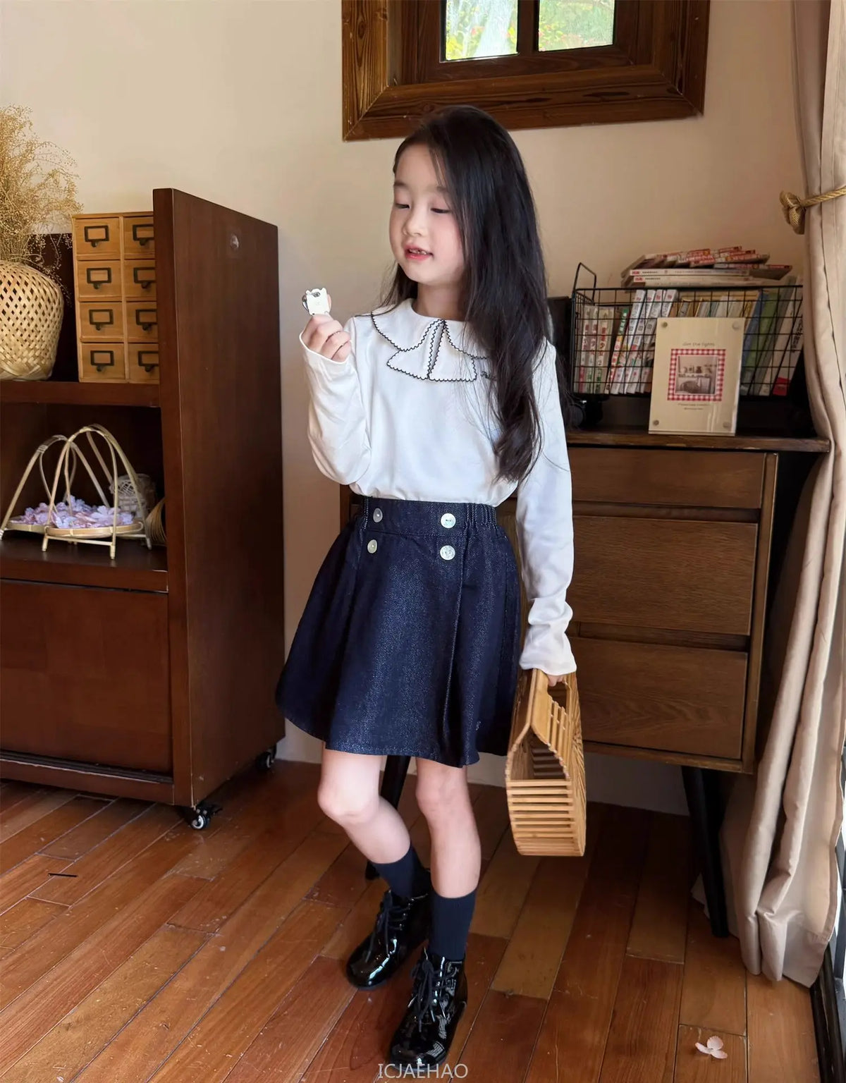 Teen Girl Clothes Children  Waist Shell Button Denim Skirt and Top Kids Versatile Casual Outfits Costumes Vintage Girls Elastic
