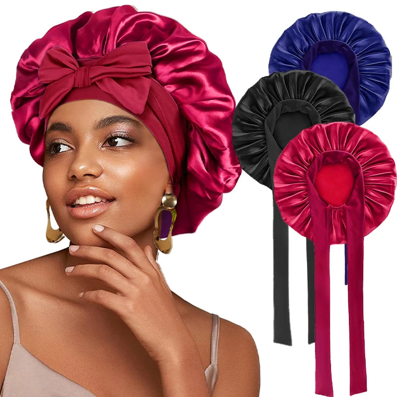 New Satin Solid Sleeping Hat With Stretchy Tie Band Elastic For Women Night Shower Cap Adjustable Hair Head Cover Bonnet Turban