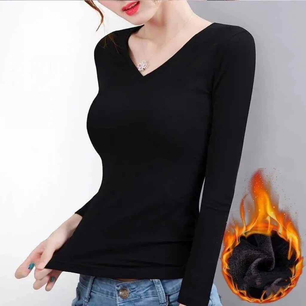 1pcs Women Velvet Thermal UnderwearT-shirt Solid Color V-Neck TShirt Winter Warm Top Female Round Neck Long Sleeve Tee Pullover