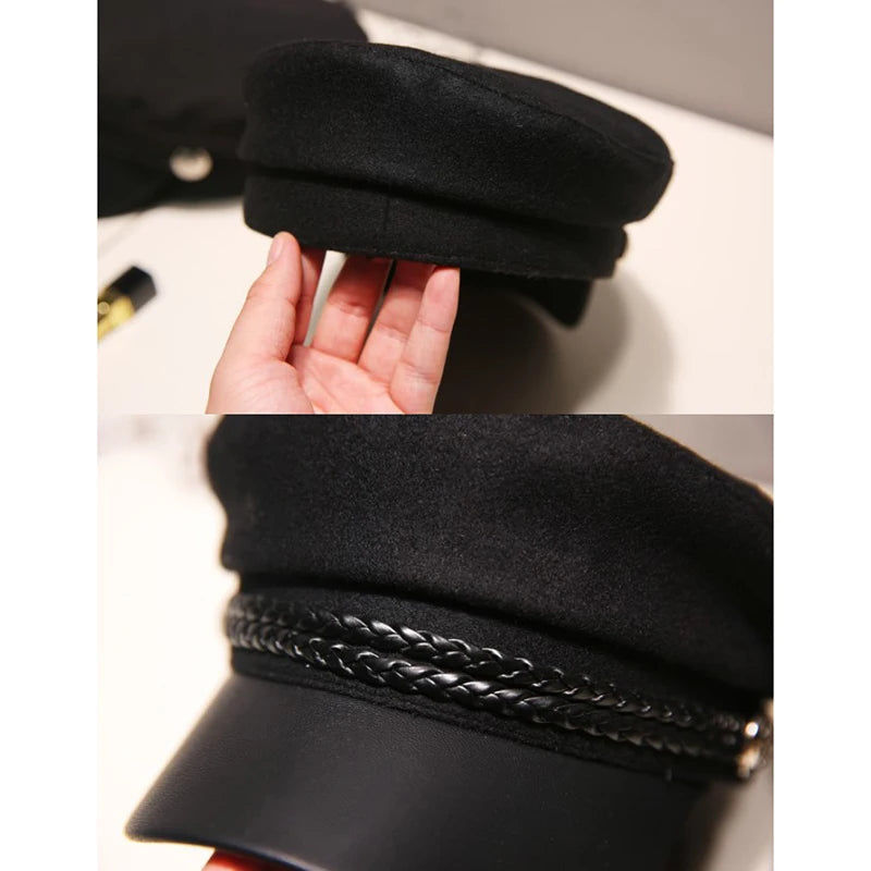 Fashion Vintage Beret Unisex PU Leather Caps Spring Autumn Sailor Hats for Women Men Black Flat Top Captain Cap Travel Cadet Hat