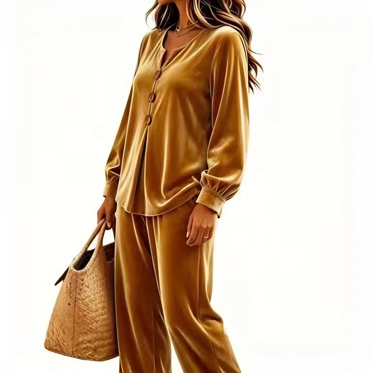 Women 2 Piece Outfit V Neck Button Decor Long Lantern Sleeve Top Wide Leg Pants Casual Fall Winter Matching Set With Pockets