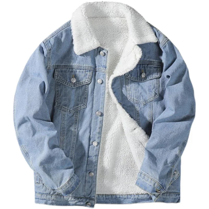 Men's Denim Jacket Autumn Winter Thickened Fleece Collar Cotton Jacket Loose Fit Warm Korean Style Lamb Velvet Lined Coat