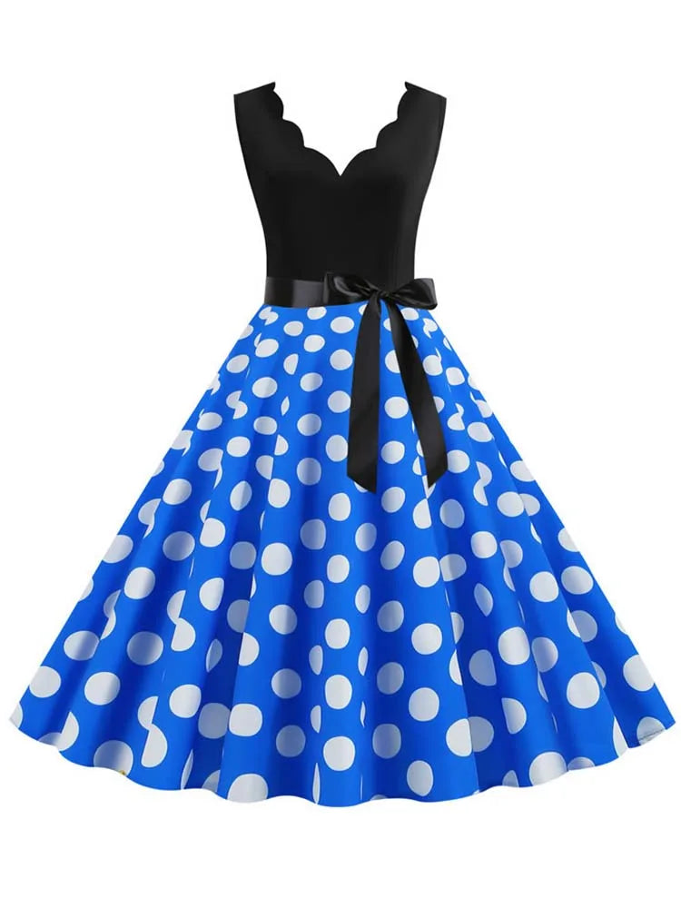 Women Dot Print Dress Summer Sexy V-neck Sleeveless Elegant Vintgae Party Dress Vestidos  S~3XL Robe Femme