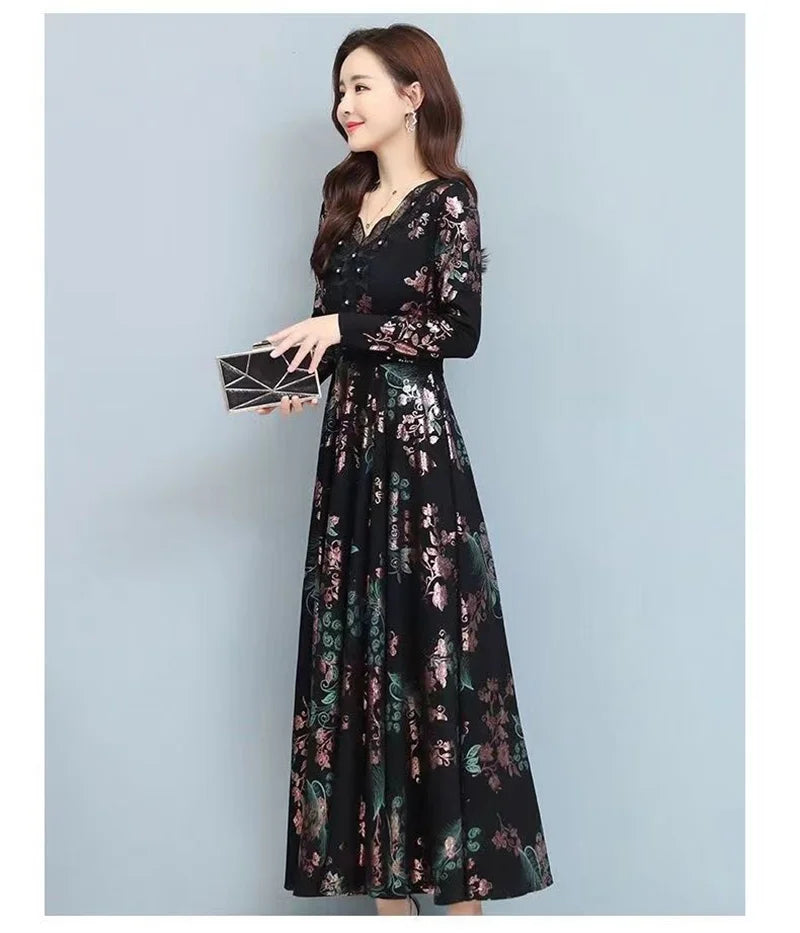 Spring Autumn New Women Dress Elegant Temperament Long A-Line Dress High End Fashion Lace Printed Beading Dresses Vestidos Mujer