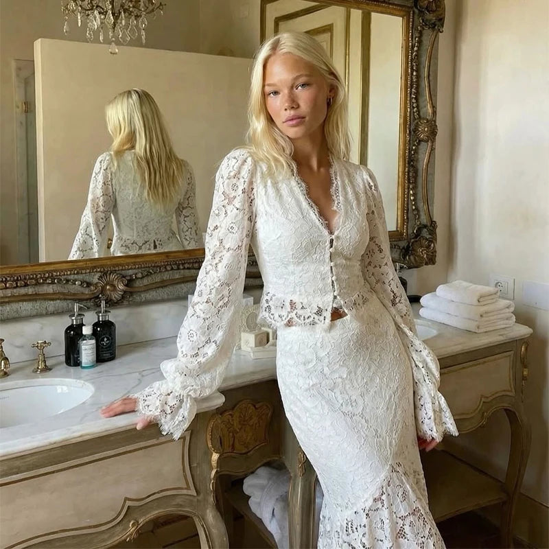 Elegant Solid Lace Ruffles Maxi Skirt Set Women Vintage Single Breasted Flared Sleeve V-neck Slim Blouse Suit Lady Party Outfits