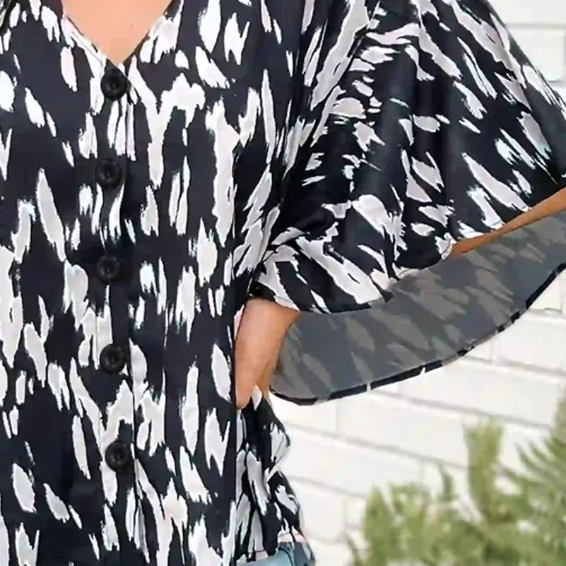 Plus Size Women's Shirt, Spotted Printed Cardigan Button V Neck Top. Casual and Fashionable Summer Clothing