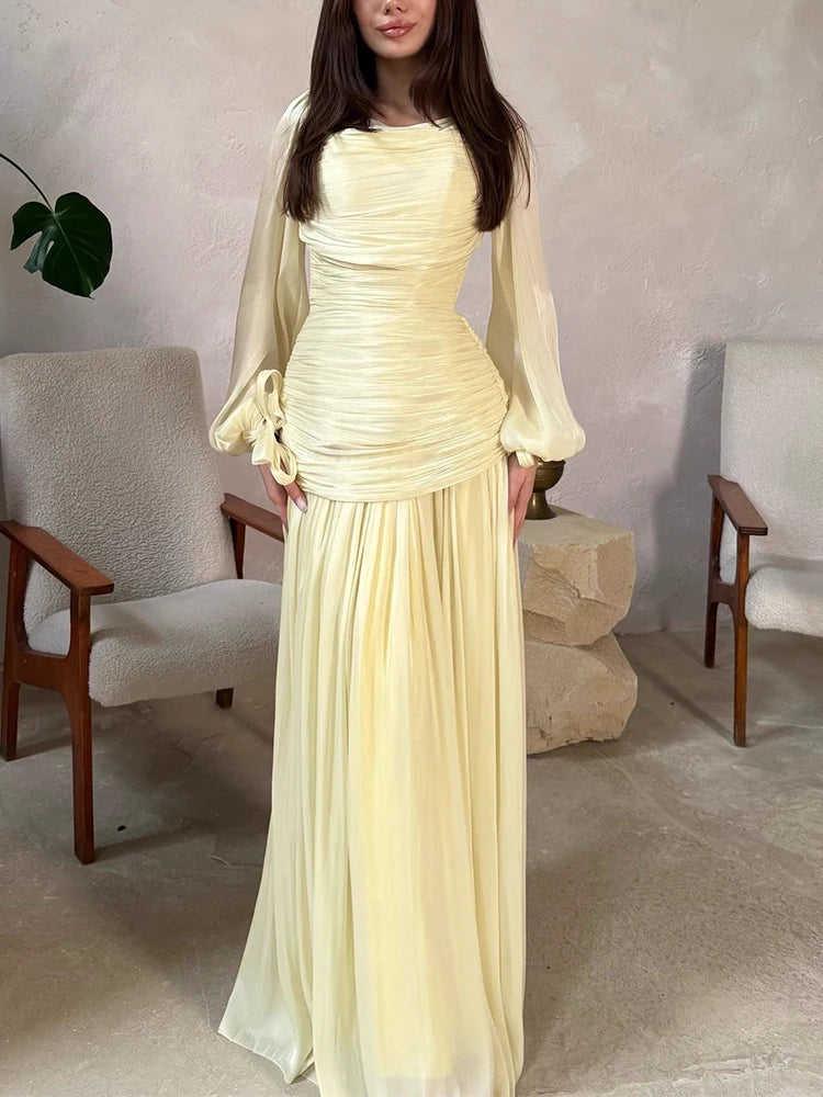 Elegant Temperament Robe Dresses 2026 New Spring Pleated Solid Color Maxi Dress Women O-neck Long Sleeved High Waist Party Dress