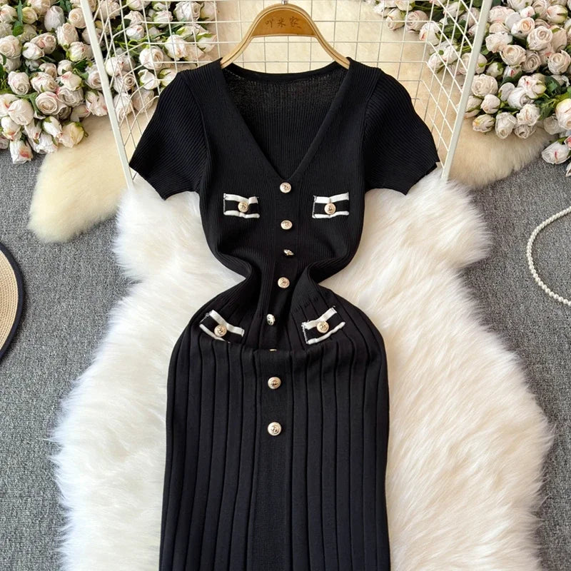 Elegant Knitted Long Dress Women Summer V Neck Single Breatsed Short Sleelve Bodycon Dresses Fashion Party Office Lady Vestidos