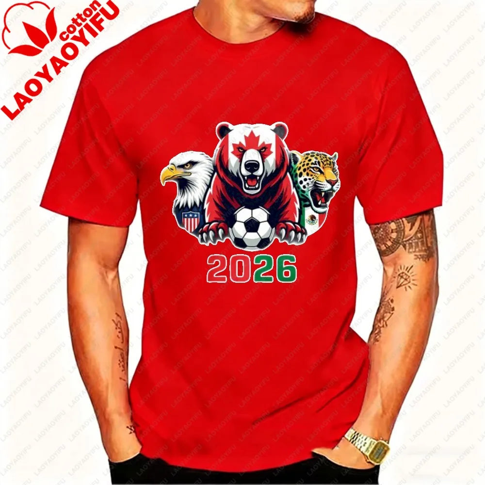 2026 North America Soccer T-Shirt for Men Women Bear Eagle Jaguar Mascot Graphic Tee Short Sleeve Cotton Tops for Football Fans