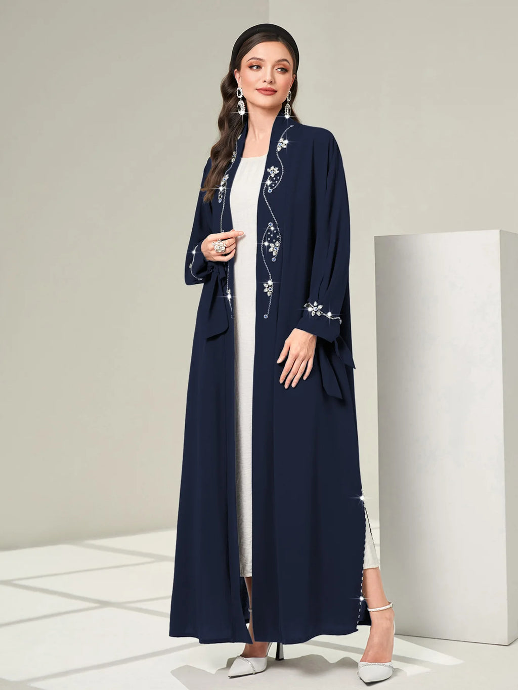 Abaya Cardigan Femme – Robe Longue Musulmane Soirée Éïd Détail Diamant