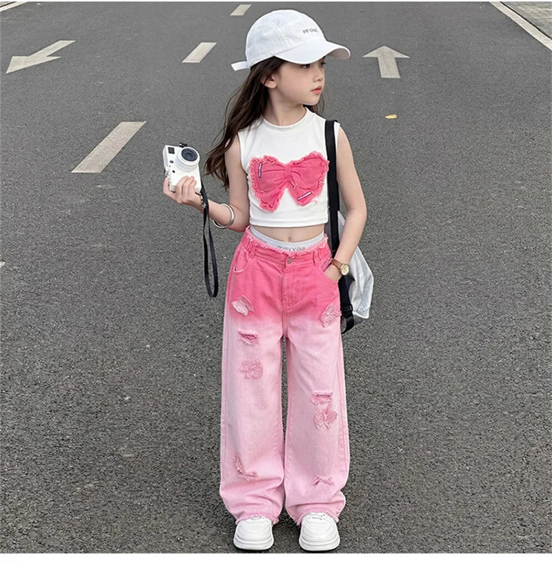 Teenage Girls Clothing Sets Hot Deals Bow Crop Top+Hole Wide Leg Jeans with Butterfly 2Pcs Fashion Gradient Child Clothes Suits