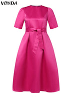 Plus Size Women Stain Dress 2024 Summer Sexy Puff Sleeve Evening Party Dress VONDA Beach Sundres Casual Loose Robe Vestidos