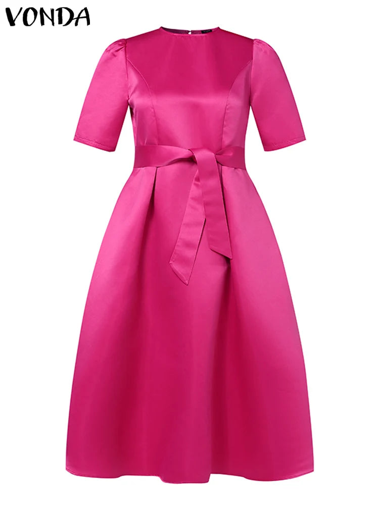 Plus Size Women Stain Dress 2024 Summer Sexy Puff Sleeve Evening Party Dress VONDA Beach Sundres Casual Loose Robe Vestidos