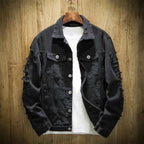 Veste Jean Homme Troue – Manteau Denim Ample Col Revers Streetwear Automne Hiver