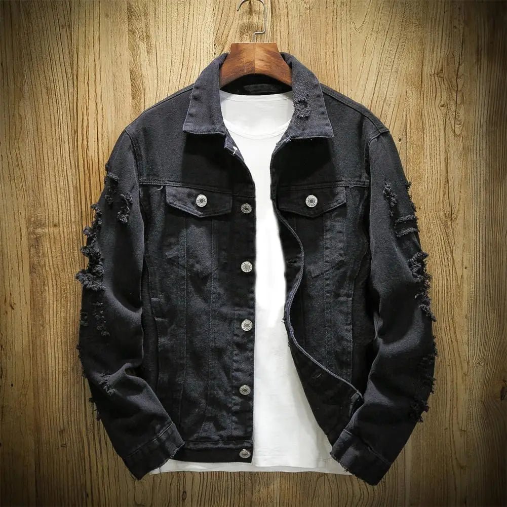 Veste Jean Homme Troue – Manteau Denim Ample Col Revers Streetwear Automne Hiver