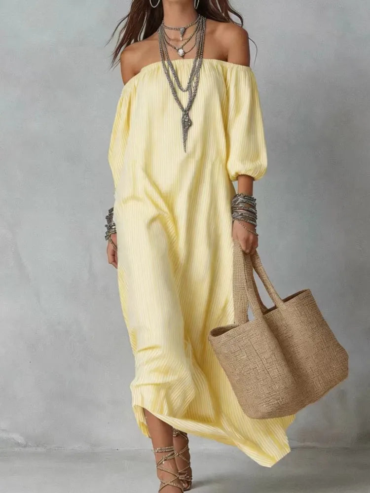 Casual Dresses New Spring Summer Elegant Striped Off-shoulder Loose Holiday Fashion Dress For Women Office Holiday Party Dress