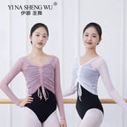 Ballet Adult Gymnastics Dance Top Long Sleeve Mesh Tops Women Transparent V Neck Drawstring Dancewear Practice Tops Costumes