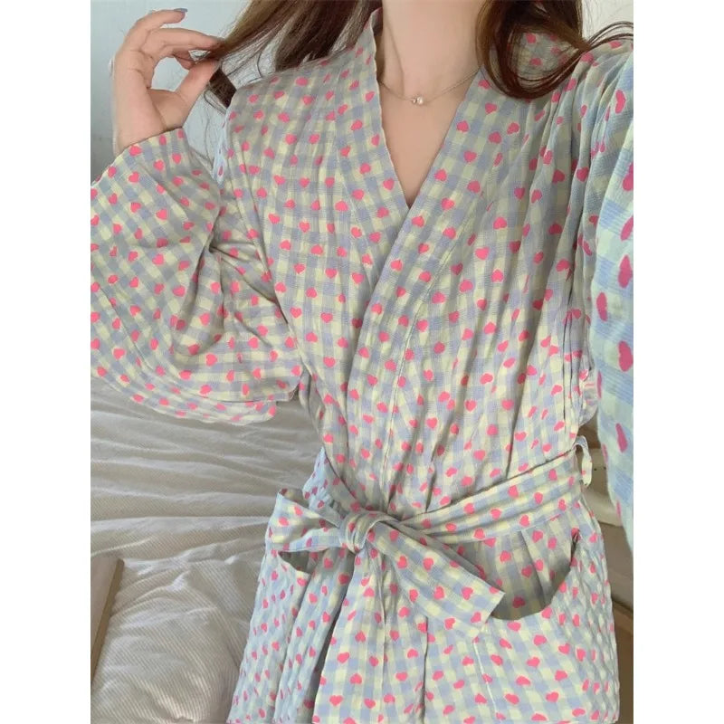 Women's Robe Bathrobe Bathing Love Plaid Loose Long Sleeve Long Kimono Pajamas V-neck Lace Up Trousers Nightgow Sexy Ladies Girl