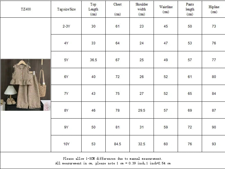 Korean Version 2-10 Year Old Girls and Teenagers Casual Suit with Checkered Lace Single Breasted Top and Pants Two-piece Set