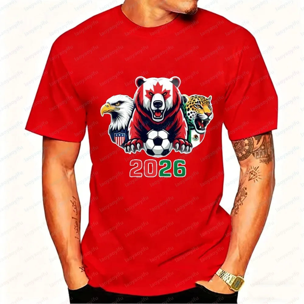 2026 North America Soccer T-Shirt for Men Women Bear Eagle Jaguar Mascot Graphic Tee Short Sleeve Cotton Tops for Football Fans