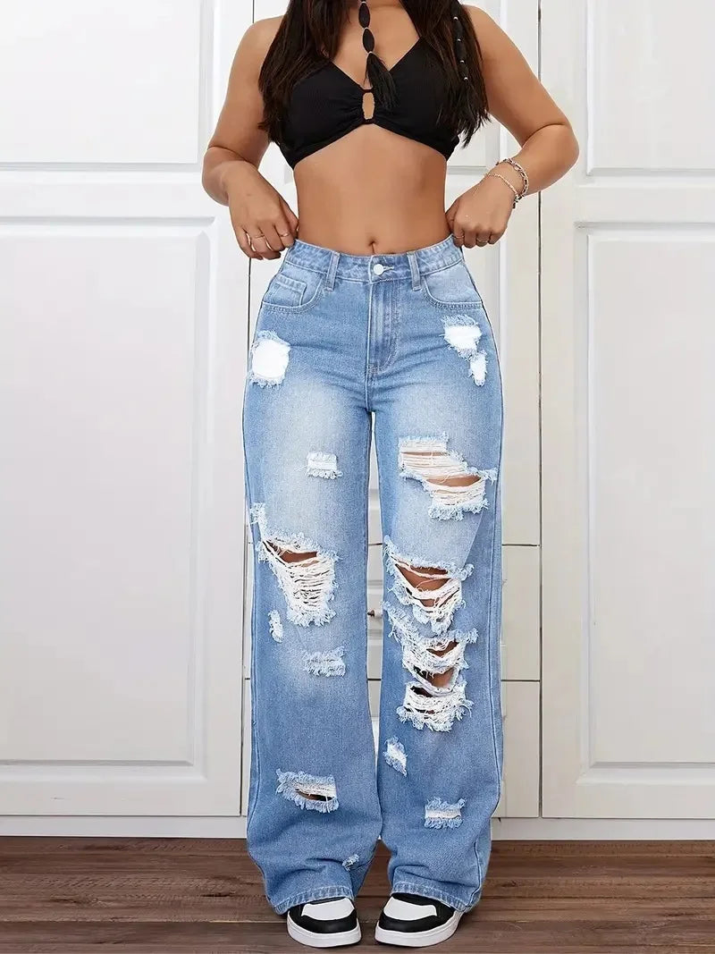 Jean femme taille haute déchiré – Coupe wide leg streetwear